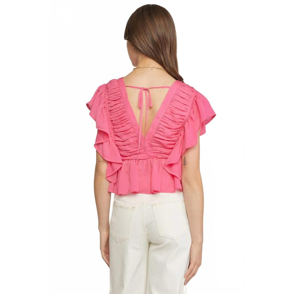 NEW ENTRO solid v-neck butterfly sleeve top in pink - Picture 5 of 8